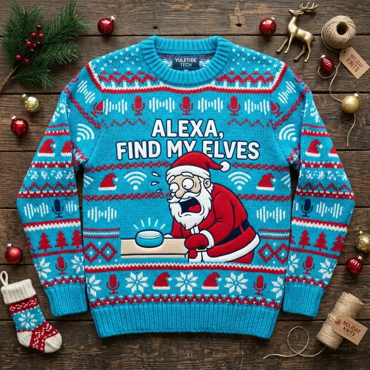 santa yelling at smart speaker alexa find my elves ugly christmas sweater 1 Santa Yelling At Smart Speaker Alexa Find My Elves Ugly Christmas Sweater - Front View Main Mockup