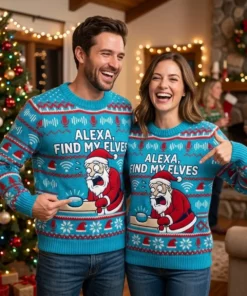 Santa Yelling At Smart Speaker Alexa Find My Elves Ugly Christmas Sweater - Lifestyle Model Mockup