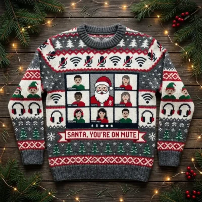 Santa You Are On Mute Video Call Glitch Ugly Christmas Sweater - Front View Main Mockup