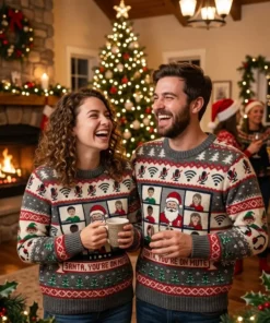 Santa You Are On Mute Video Call Glitch Ugly Christmas Sweater - Lifestyle Model Mockup