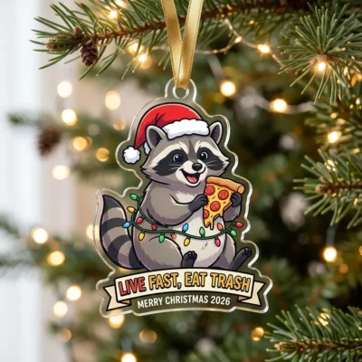 Sarcastic Raccoon Live Fast Eat Trash Merry Christmas 2026 Custom Acrylic Ornament - Front View Main Mockup