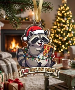 Sarcastic Raccoon Live Fast Eat Trash Merry Christmas 2026 Custom Acrylic Ornament - Lifestyle Model Mockup