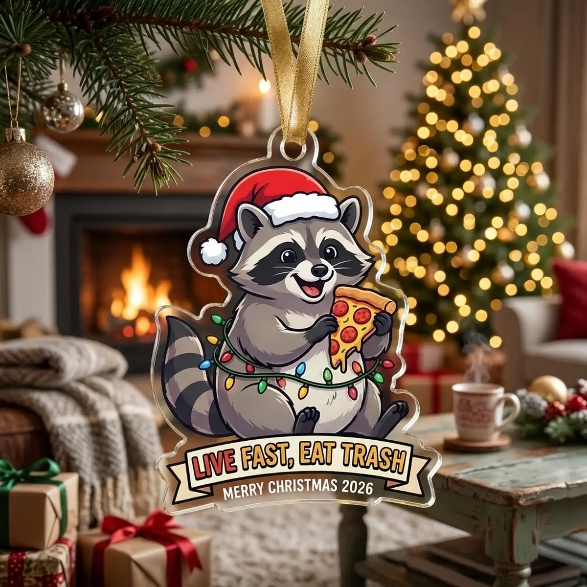 sarcastic raccoon live fast eat trash 2026 custom acrylic ornament lifestyle Sarcastic Raccoon Live Fast Eat Trash Merry Christmas 2026 Custom Acrylic Ornament - Lifestyle Model Mockup