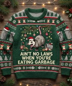 Screaming Possum Chaos Trash King Holiday Ugly Christmas Sweater - Front View Main Mockup