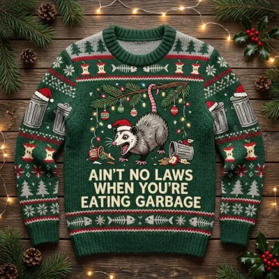Screaming Possum Chaos Trash King Holiday Ugly Christmas Sweater - Front View Main Mockup