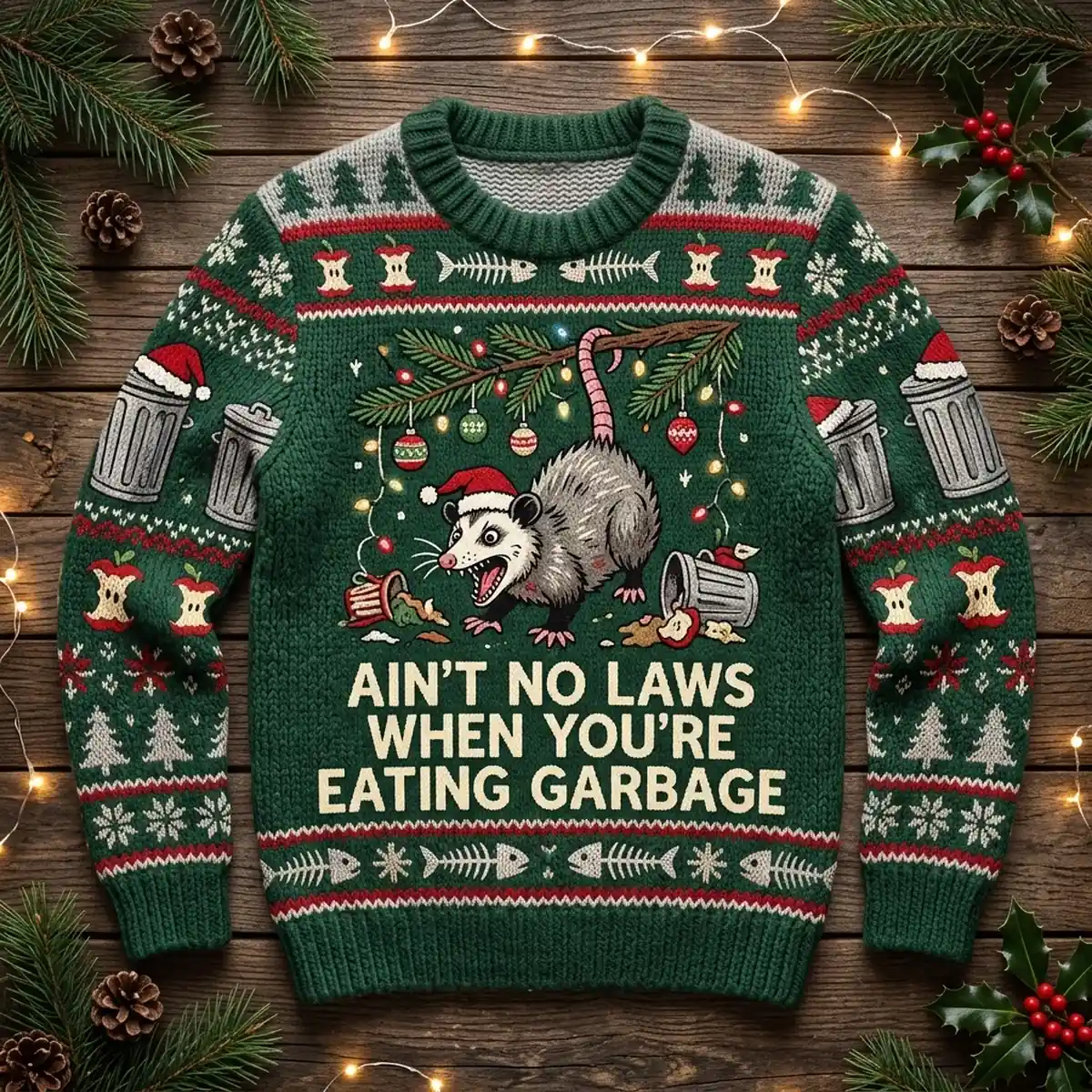 screaming possum chaos trash king holiday ugly christmas sweater 1 Screaming Possum Chaos Trash King Holiday Ugly Christmas Sweater - Front View Main Mockup