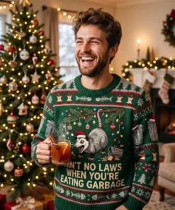 Screaming Possum Chaos Trash King Holiday Ugly Christmas Sweater - Lifestyle Model Mockup