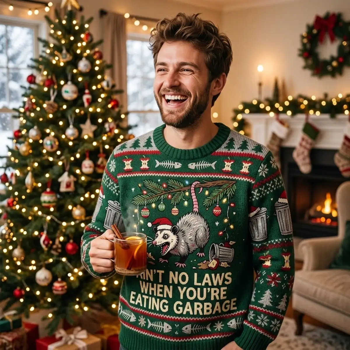 Screaming Possum Chaos Trash King Holiday Ugly Christmas Sweater - Design Preview
