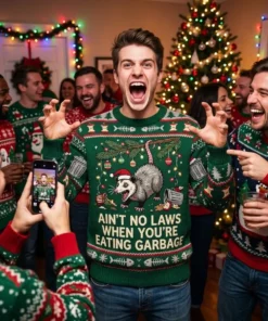 Screaming Possum Chaos Trash King Holiday Ugly Christmas Sweater - Close-up Graphic Detail Mockup