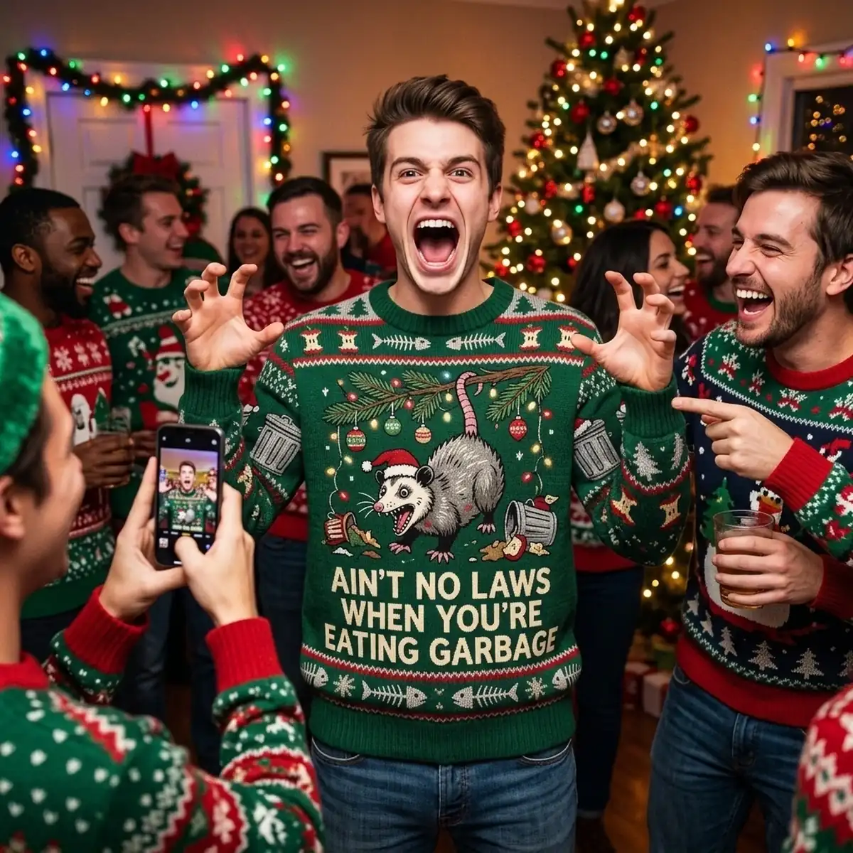 screaming possum chaos trash king holiday ugly christmas sweater 3 Screaming Possum Chaos Trash King Holiday Ugly Christmas Sweater - Close-up Graphic Detail Mockup