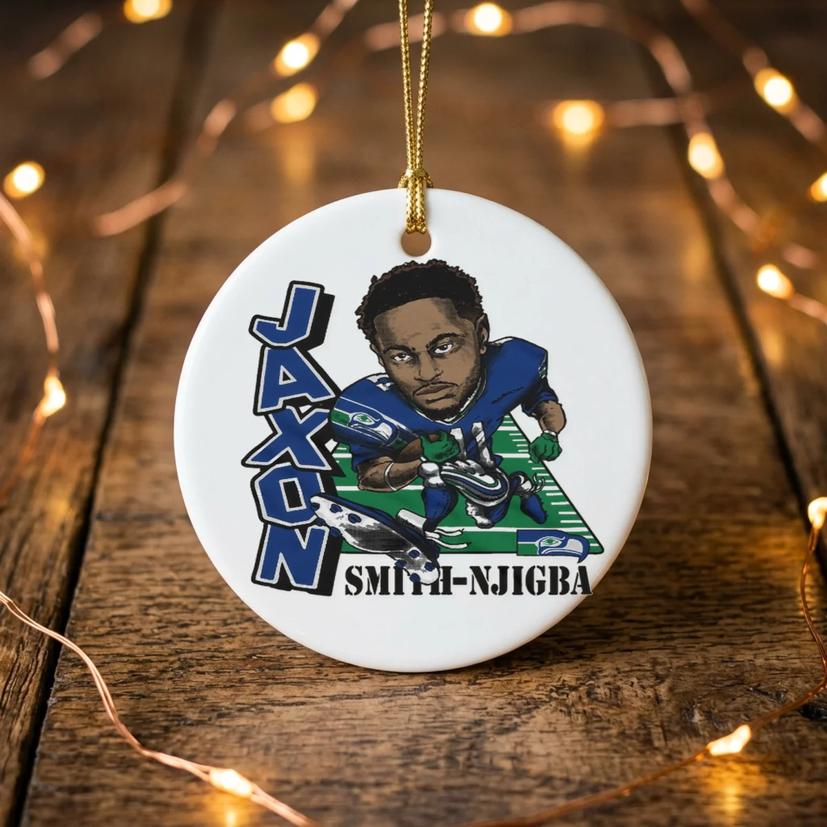seattle seahawks jaxon smith njigba run ornament Seattle Seahawks Jaxon Smith-Njigba Run T-Shirt - Lifestyle Model Mockup