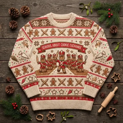 Serious About Cookie Exchange Rolling Pin Army Ugly Christmas Sweater - Front View Main Mockup