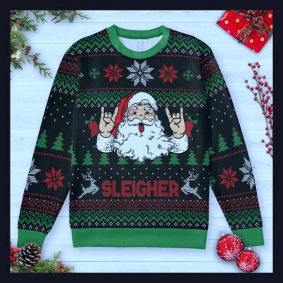 sleigher heavy metal hail santa ugly christmas sweatshirt 1