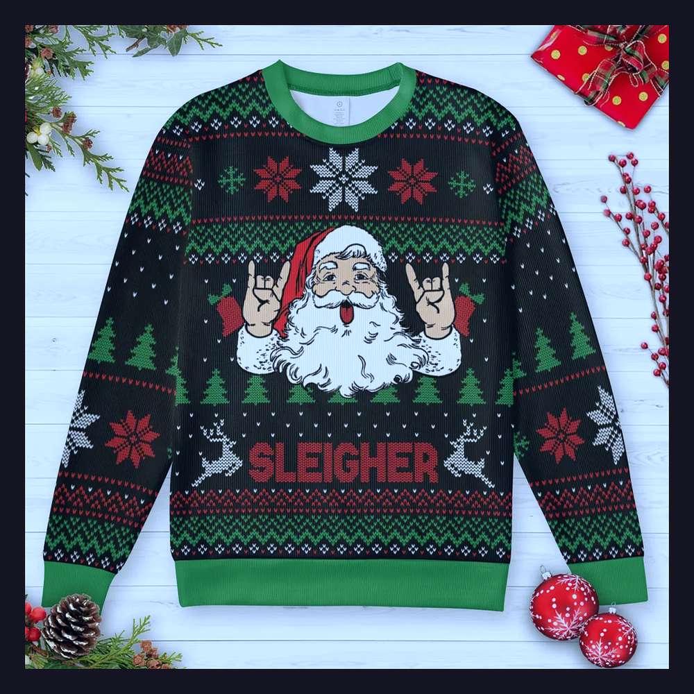 sleigher heavy metal hail santa ugly christmas sweatshirt 1 sleigher heavy metal hail santa ugly christmas sweatshirt 1