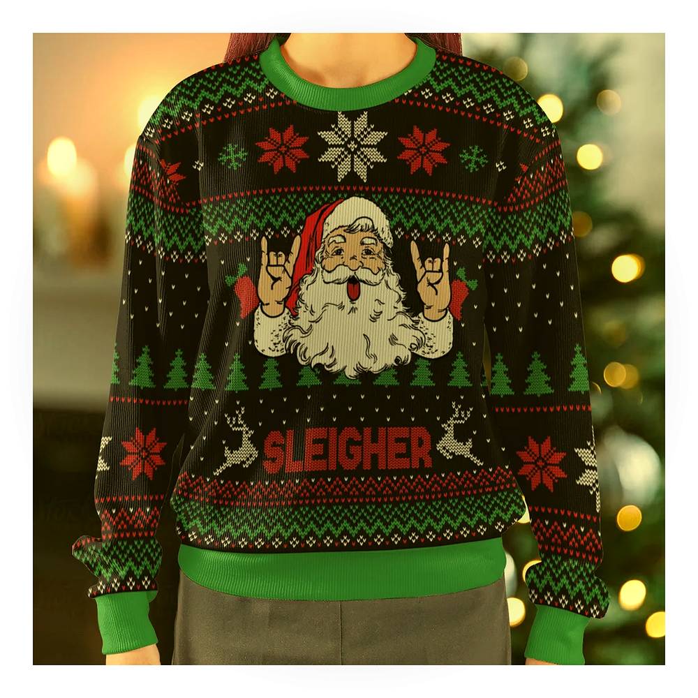 sleigher heavy metal hail santa ugly christmas sweatshirt 2 sleigher heavy metal hail santa ugly christmas sweatshirt 2