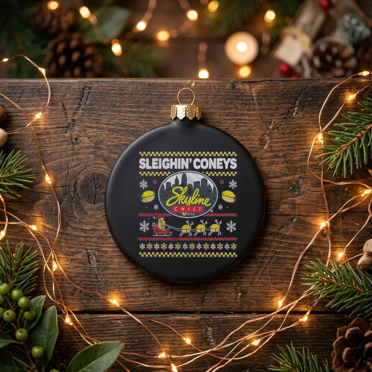 sleighin coneys skyline christmas black ornament Sleighin Coneys Skyline Christmas Shirt - Lifestyle Model Mockup
