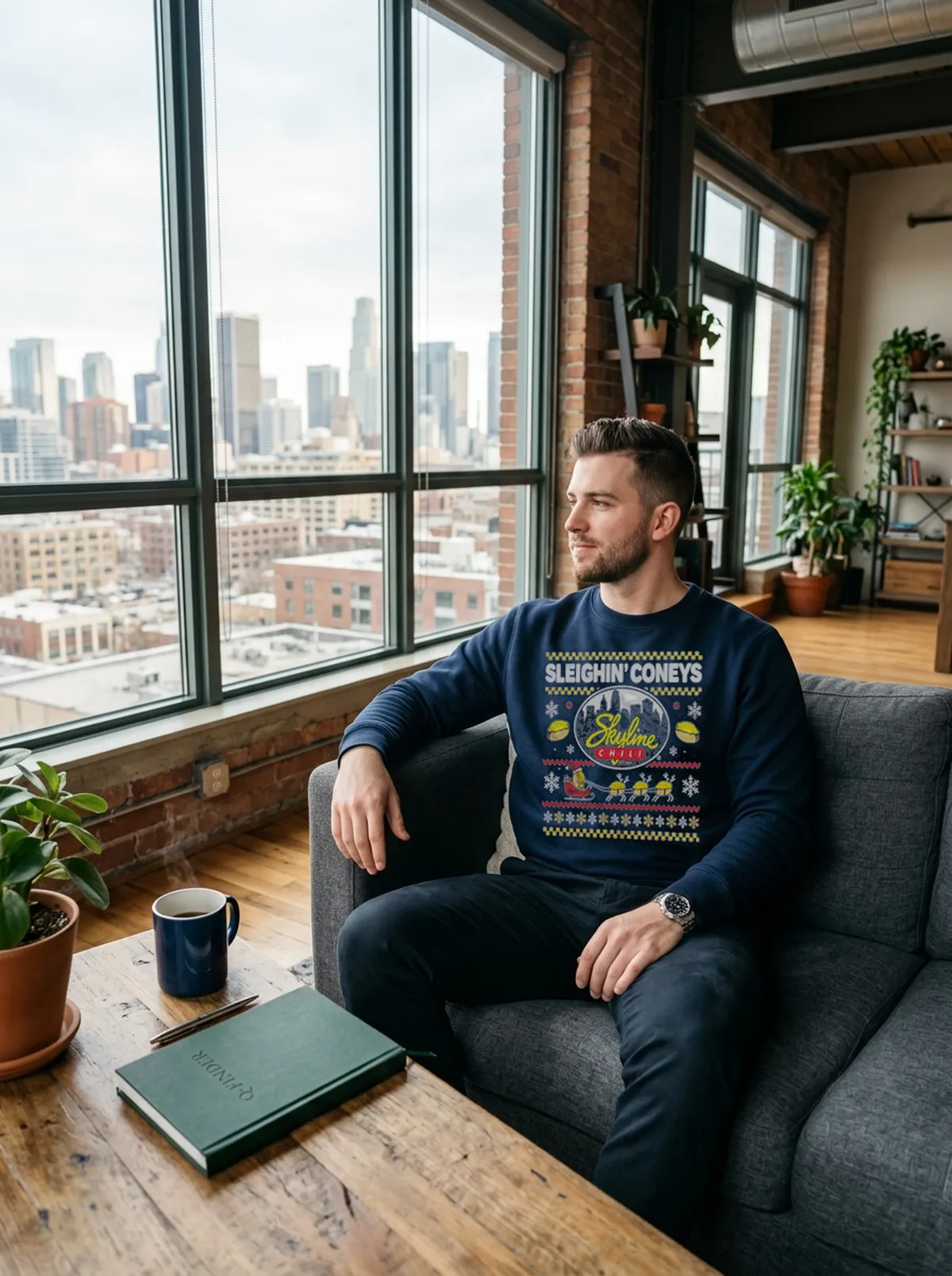 sleighin coneys skyline christmas blue sweatshirt industrial loft Sleighin Coneys Skyline Christmas Shirt - Back or Alternative Angle Mockup