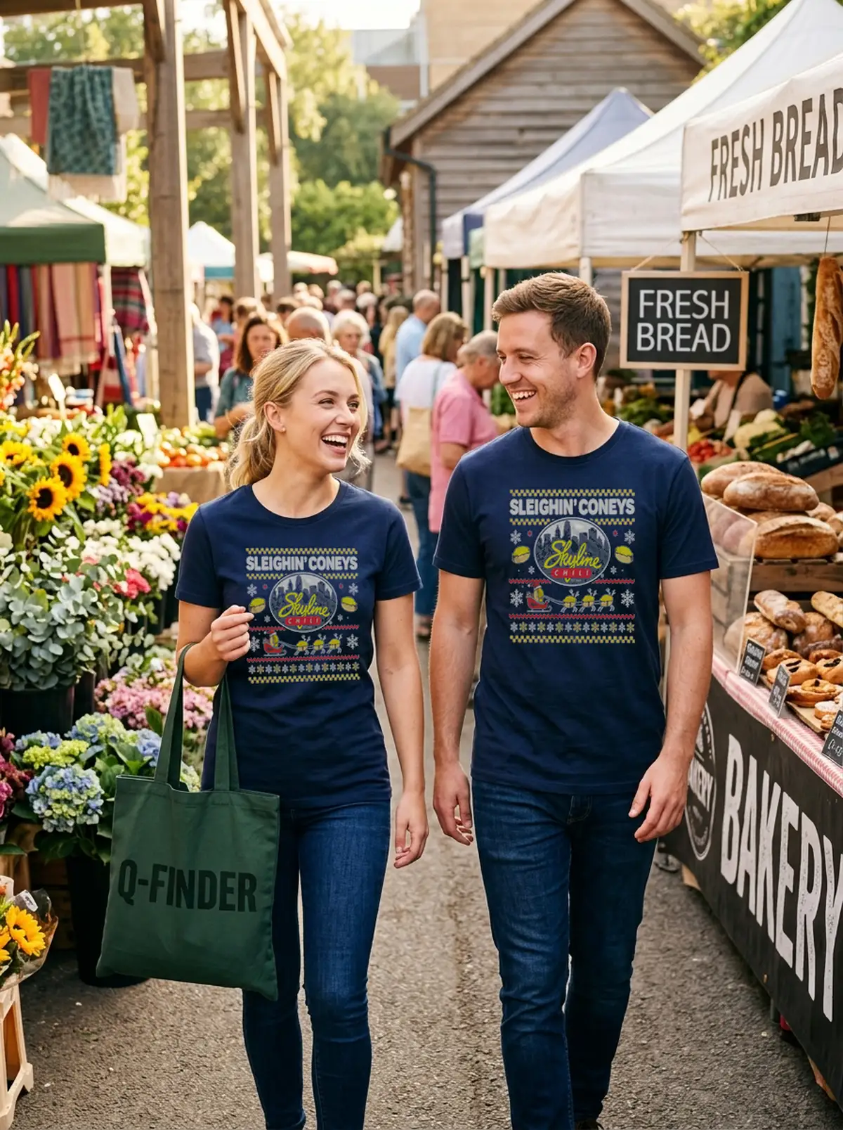 sleighin coneys skyline christmas blue tshirt farmers market couple Sleighin Coneys Skyline Christmas Shirt - Front View Main Mockup