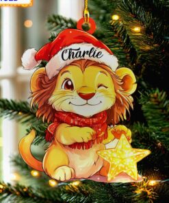 smiling lion santa hat big star safari animal christmas tree ornament 1