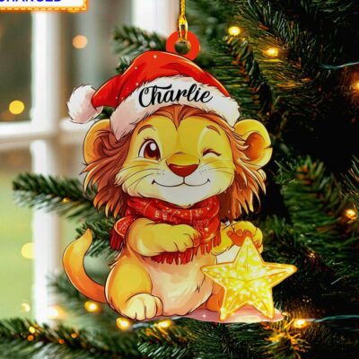 smiling lion santa hat big star safari animal christmas tree ornament 1