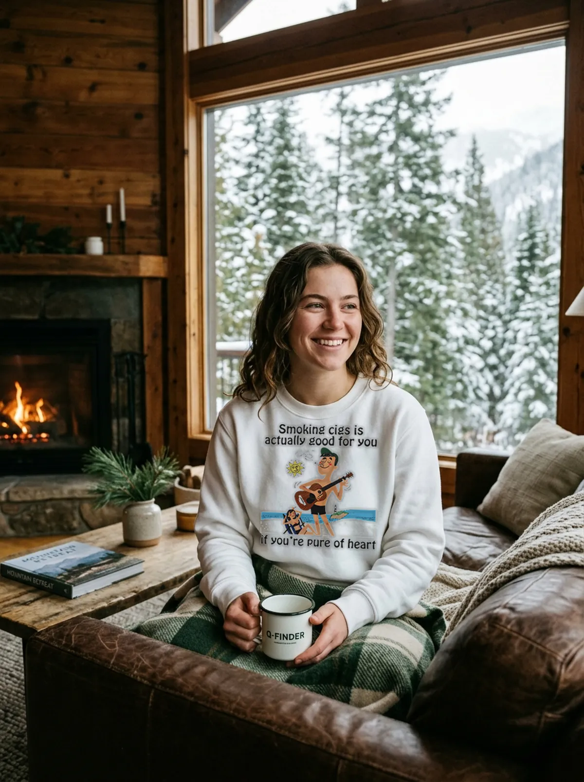 smoking cigs is actually good for you if you re pure of heart white sweatshirt cabin Smoking Cigs Is Actually Good For You If YouRe Pure Of Heart Shirt - Close-up Graphic Detail Mockup