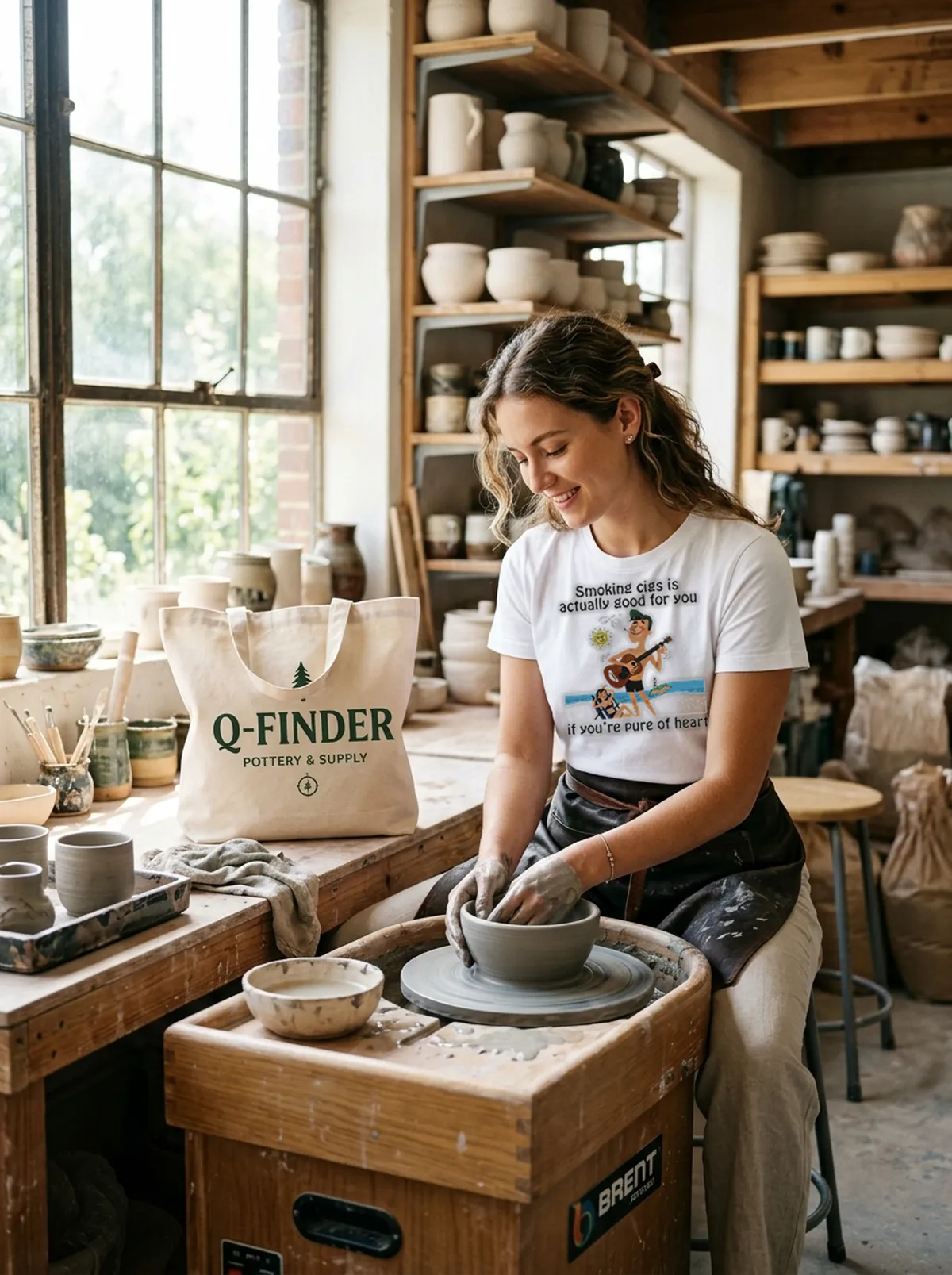 smoking cigs is actually good for you if you re pure of heart white tshirt pottery studio Smoking Cigs Is Actually Good For You If YouRe Pure Of Heart Shirt - Front View Main Mockup