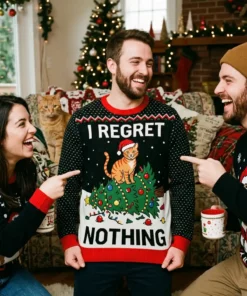 smug cat toppling christmas tree funny pet owner gift christmas sweater