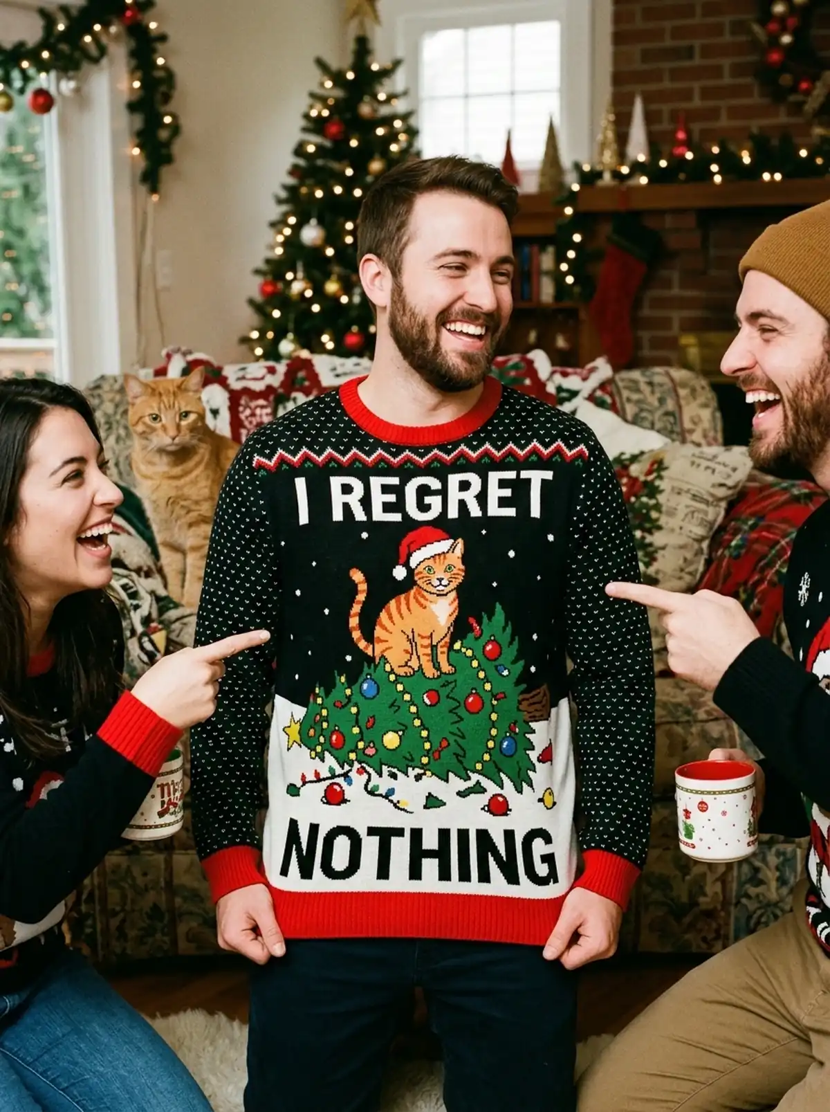 Smug Cat Toppling Christmas Tree Funny Pet Owner Gift Christmas Sweater - Design Preview