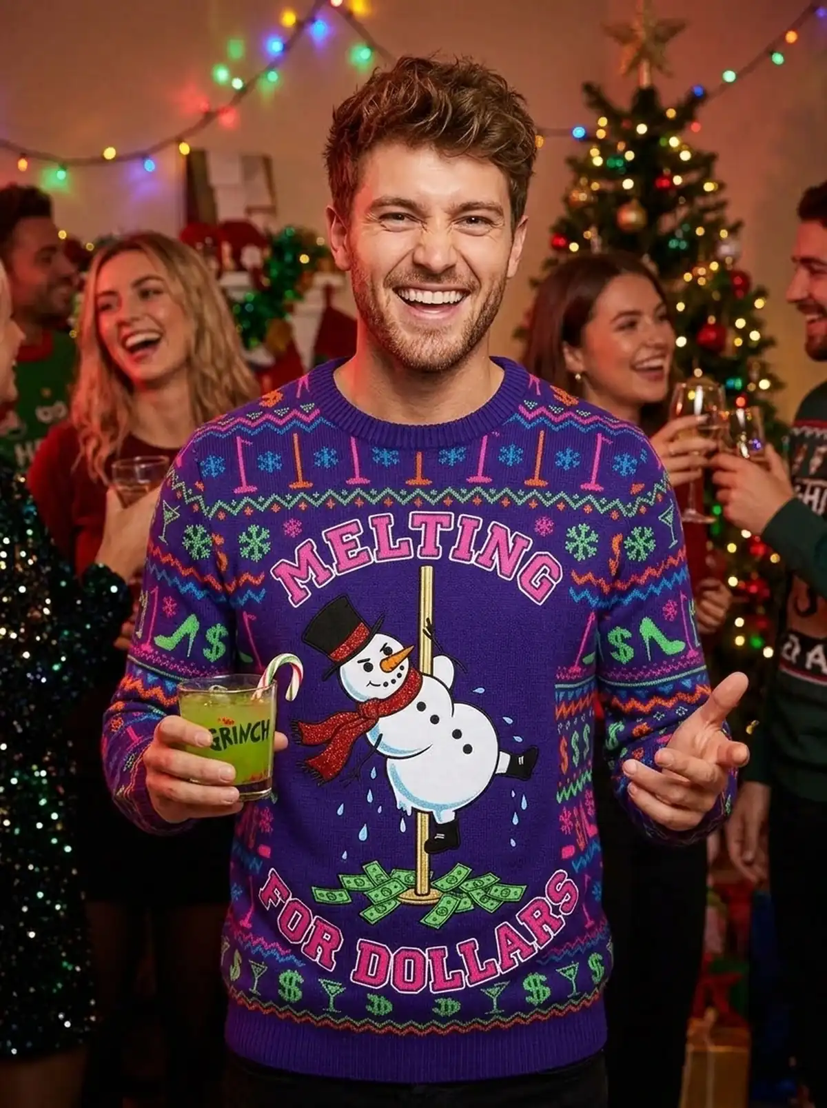 Snowman Stripper Melting On The Brass Pole Ugly Christmas Sweater - Design Preview