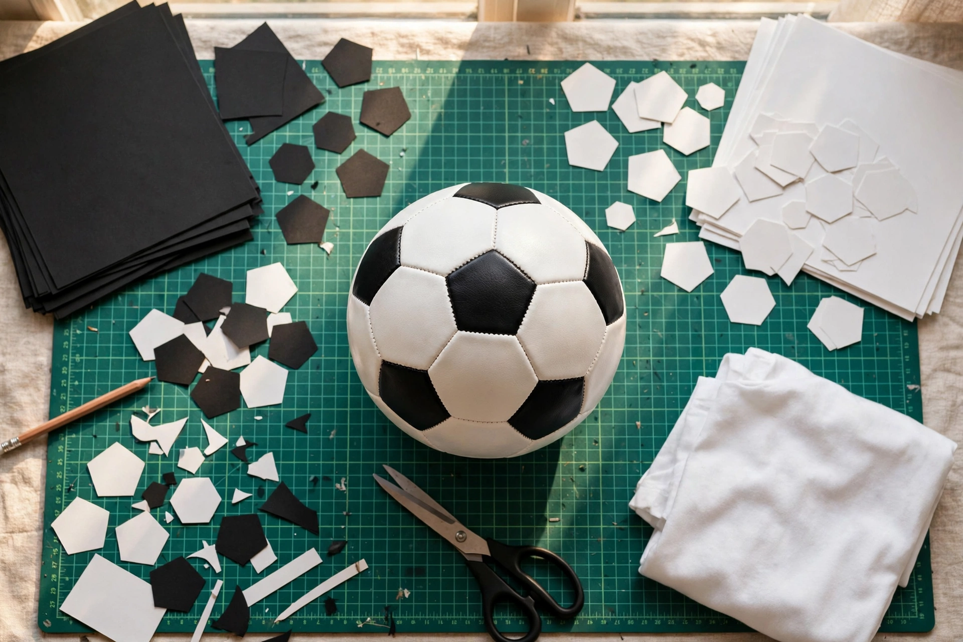 Overhead flat-lay of a classic black-and-white soccer ball on a green cutting mat, surrounded by black and white pentagon paper cut-outs, scissors, craft paper, and a blank white t-shirt.