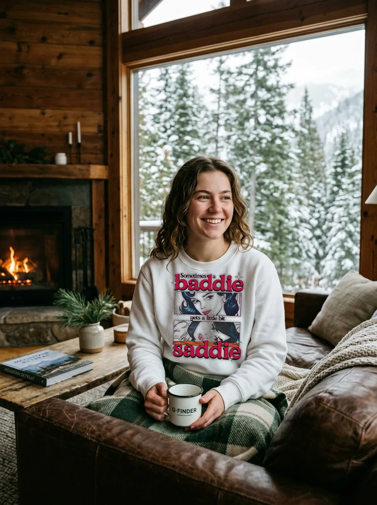 sometimes a baddie gets a little saddie white sweatshirt cabin Sometimes A Baddie Gets A Little Saddie Shirt - Close-up Graphic Detail Mockup