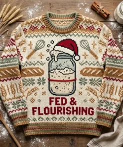 Sourdough Starter Fed And Flourishing Baker Holiday Ugly Christmas Sweater - Front View Main Mockup