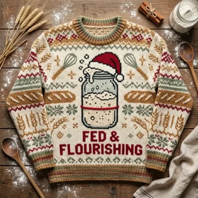 Sourdough Starter Fed And Flourishing Baker Holiday Ugly Christmas Sweater - Front View Main Mockup