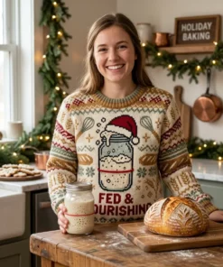 Sourdough Starter Fed And Flourishing Baker Holiday Ugly Christmas Sweater - Lifestyle Model Mockup