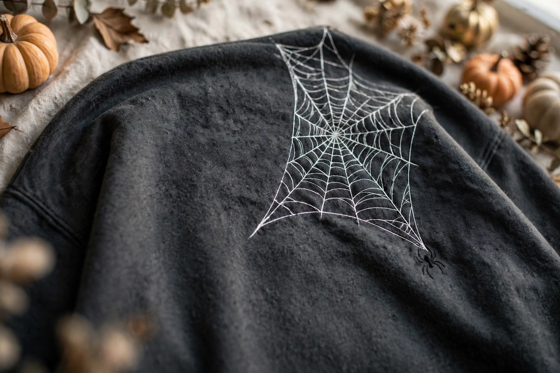 Charcoal hoodie with a white spiderweb corner graphic and small spider detail, styled with small pumpkins