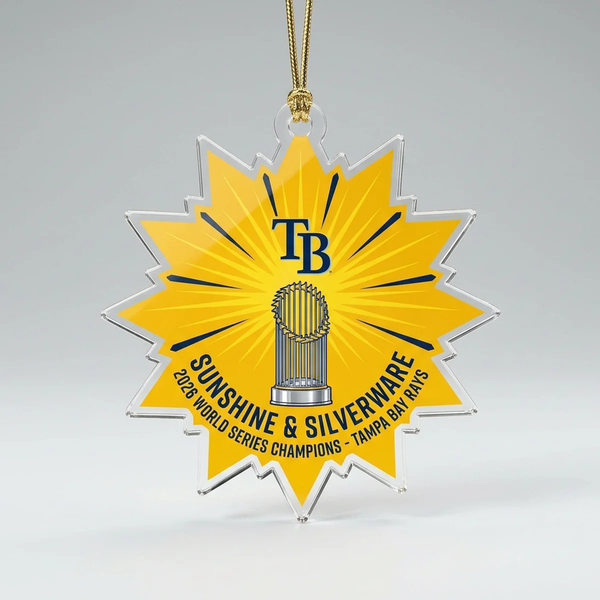 st petersburg sunshine sunburst 2026 world series rays acrylic ornament 1 St Petersburg Sunshine Sunburst 2026 World Series Champions Rays Acrylic Ornament - Front View Main Mockup
