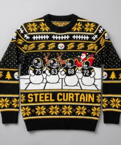 Steelers Steel Curtain Black And Gold Ugly Christmas Sweater - Front View Main Mockup