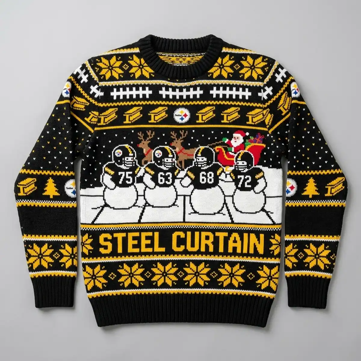 steelers steel curtain black and gold ugly christmas sweater 1 Steelers Steel Curtain Black And Gold Ugly Christmas Sweater - Front View Main Mockup