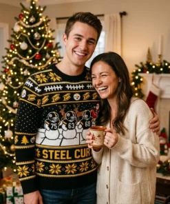 Steelers Steel Curtain Black And Gold Ugly Christmas Sweater - Lifestyle Model Mockup