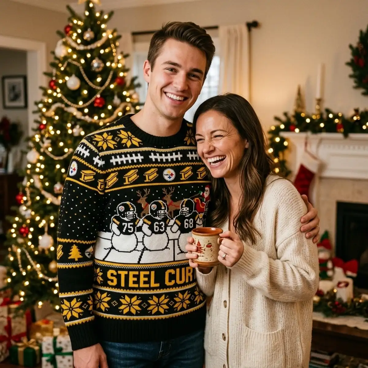 Steelers Steel Curtain Black And Gold Ugly Christmas Sweater - Design Preview