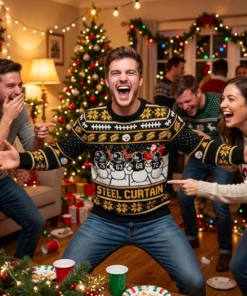 Steelers Steel Curtain Black And Gold Ugly Christmas Sweater - Close-up Graphic Detail Mockup