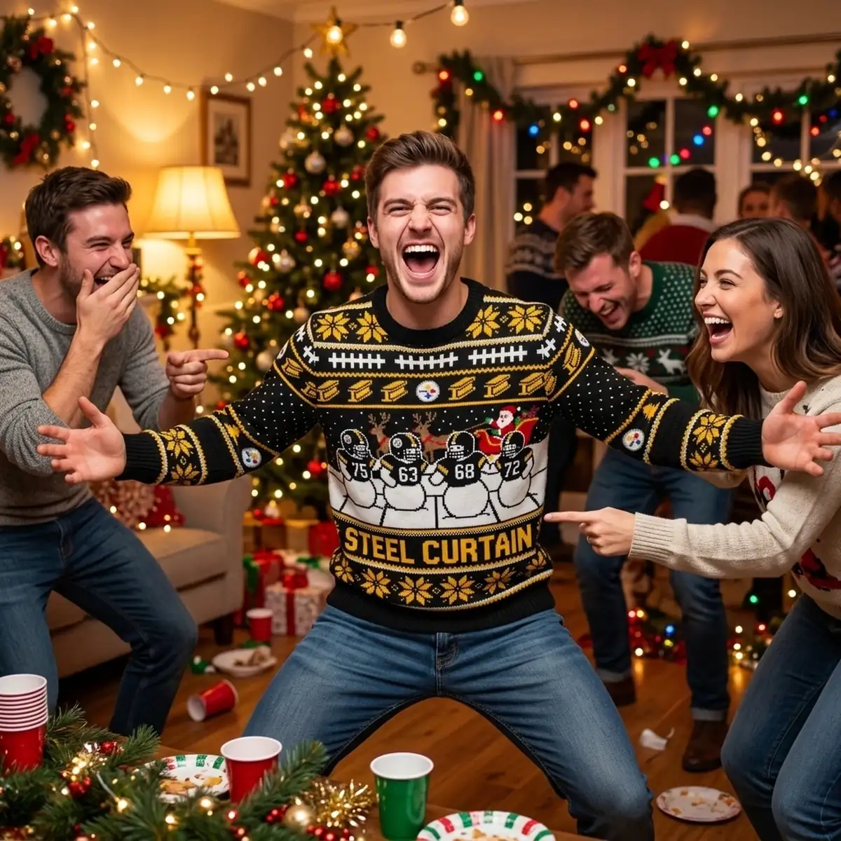 steelers steel curtain black and gold ugly christmas sweater 3 Steelers Steel Curtain Black And Gold Ugly Christmas Sweater - Close-up Graphic Detail Mockup