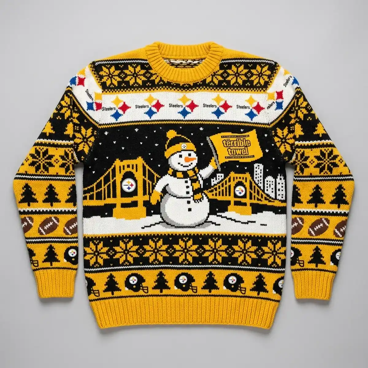 steelers terrible towel holiday wave ugly christmas sweater 1 Steelers Terrible Towel Holiday Wave Ugly Christmas Sweater - Front View Main Mockup