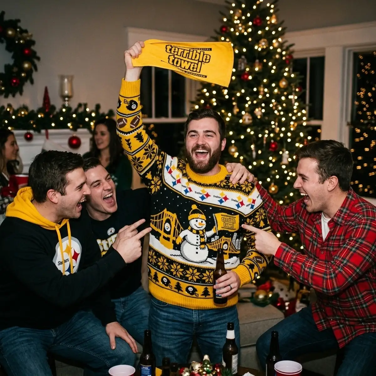 steelers terrible towel holiday wave ugly christmas sweater 3 Steelers Terrible Towel Holiday Wave Ugly Christmas Sweater - Close-up Graphic Detail Mockup