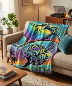 Tampa Bay Devil Rays 90s Retro Rainbow Gradient Manta Heritage Blanket - Front View Main Mockup