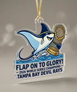 Tampa Bay Devil Rays Vintage Flapping Ray 2026 World Champions Die-Cut Acrylic Ornament - Front View Main Mockup