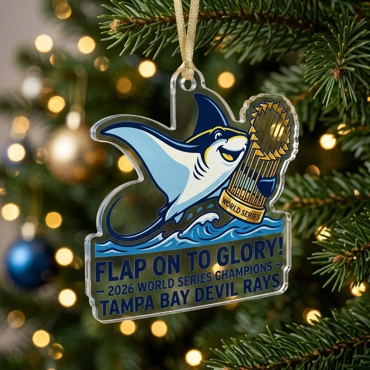 Tampa Bay Devil Rays Vintage Flapping Ray 2026 World Champions Die-Cut Acrylic Ornament - Design Preview