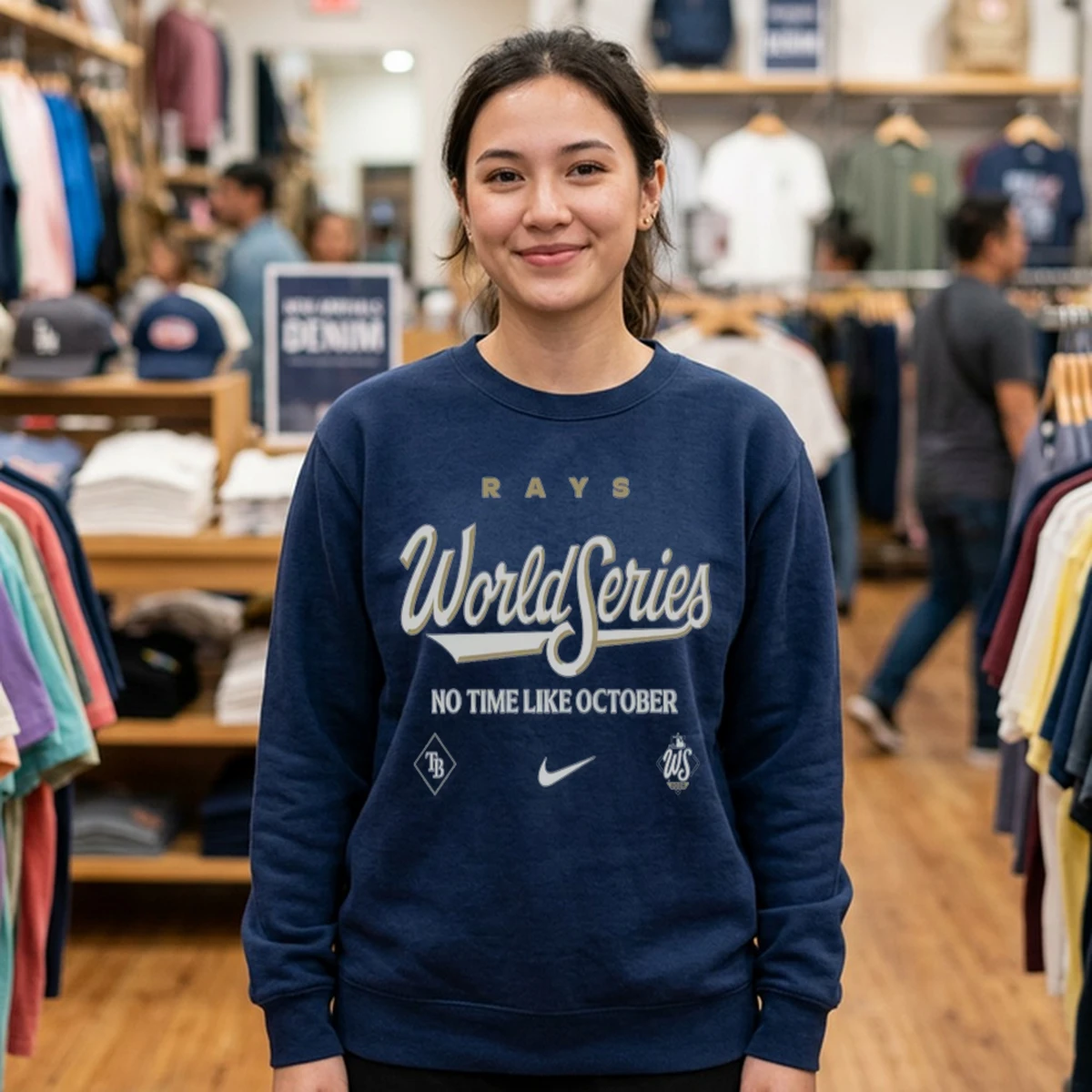 tampa bay rays 2026 world series authentic collection cotton mock sweat navy Tampa Bay Rays 2026 World Series Authentic Collection Cotton T-Shirt - Close-up Graphic Detail Mockup