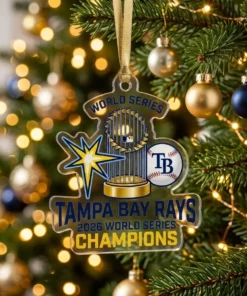 Tampa Bay Rays 2026 World Series Champions Commissioner Trophy Die-Cut Acrylic Ornament - Lifestyle Model Mockup