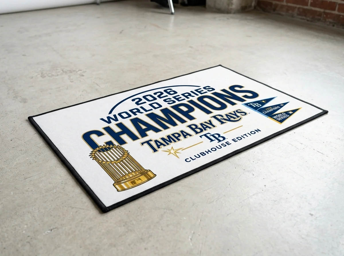 tampa bay rays 2026 world series champions official locker room welcome doormat Tampa Bay Rays 2026 World Series Champions Official Locker Room Welcome Doormat - Lifestyle Model Mockup